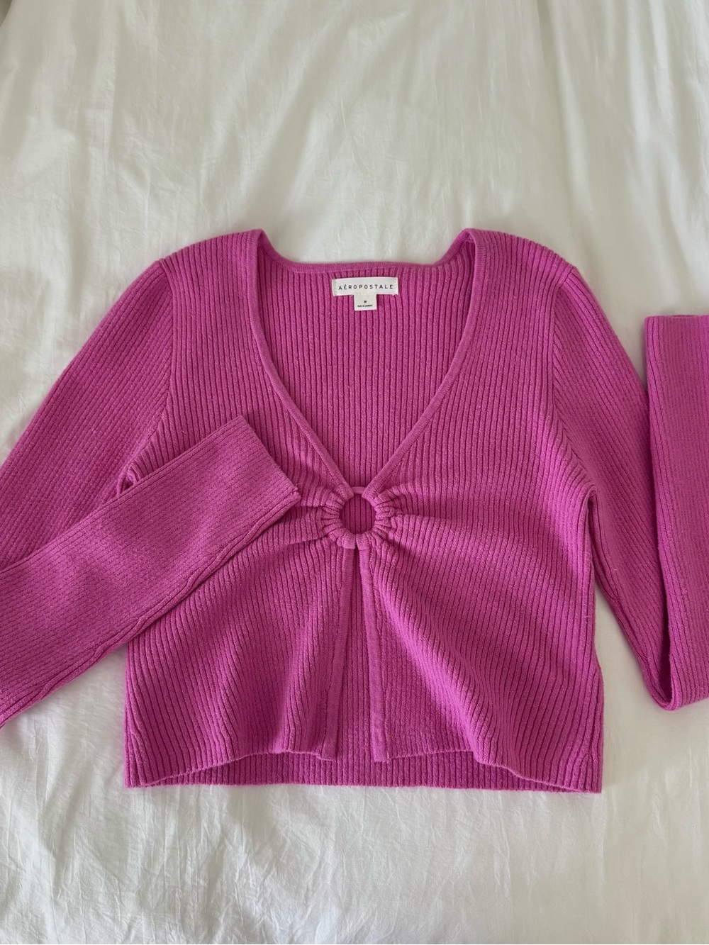 Aeropostale Fuchsia Ring-Front Ribbed V-Neck Sweater